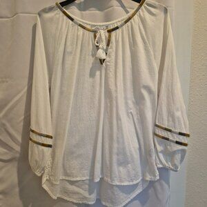Bohemian Prana Blouse, White with Earth-Tone Detailing